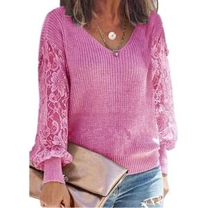 Coutgo Women's Fashion Pink Sweater Casual V-neck Hollow Lace Long Sleeve Size S